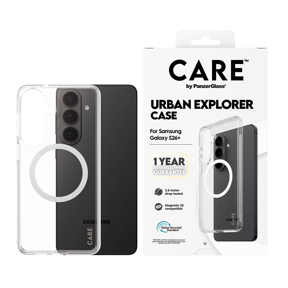 CARE™ by PanzerGlass® Urban Explorer Case Transparant m. Hvid Qi Samsung Galaxy S26+